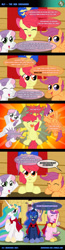 Size: 600x2305 | Tagged: safe, artist:ladyanidraws, imported from derpibooru, apple bloom, princess cadance, princess celestia, princess luna, scootaloo, sweetie belle, twilight's kingdom, blank flank, cape, clothes, comic, cutie mark crusaders