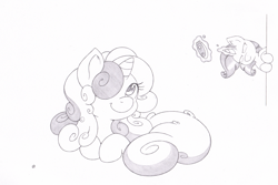 Size: 1248x834 | Tagged: safe, artist:joey darkmeat, imported from derpibooru, rarity, sweetie belle, pony, alternate hairstyle, annoyed, cute, diasweetes, electric razor, frown, glare, grayscale, hair over one eye, leaning, long mane, magic, monochrome, peeking, prone, razor, shaver, smiling, telekinesis, traditional art, unkempt mane