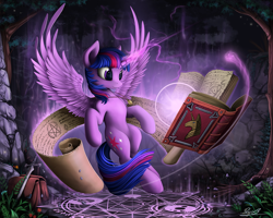 Size: 2000x1600 | Tagged: safe, artist:yakovlev-vad, imported from derpibooru, twilight sparkle, alicorn, pony, art, bag, book, female, flower, flying, gem, human shoulders, magic, magic circle, mare, necklace, pentagram, reading, scroll, slim, smiling, solo, spread wings, sword, tree, twilight sparkle (alicorn), weapon