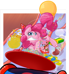 Size: 1071x1142 | Tagged: safe, artist:pomnoi, imported from derpibooru, pinkie pie, earth pony, pony, balloon, chips, confetti, female, food, hat, mare, mouth hold, nachos, party hat, present, punch (drink), punch bowl, slide, solo, table