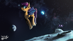 Size: 1920x1080 | Tagged: safe, artist:darkflame75, imported from derpibooru, scootaloo, bat pony, pony, bat ponified, female, flag, looking at you, moon, planet, pronking, race swap, scootabat, smiling, solo, space, spread wings, student of the night, tumblr, wallpaper, wingding eyes