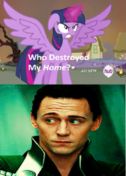 Size: 425x598 | Tagged: safe, edit, edited screencap, imported from derpibooru, screencap, twilight sparkle, alicorn, pony, twilight's kingdom, angry, exploitable meme, female, god, irl, loki, male, mare, marvel, meme, photo, twilight sparkle (alicorn), who destroyed twilight's home