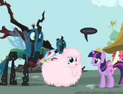 Size: 650x500 | Tagged: safe, artist:mixermike622, imported from derpibooru, queen chrysalis, twilight sparkle, oc, oc:fluffle puff, alicorn, pony, tumblr:ask fluffle puff, twilight's kingdom, chrysalis plushie, female, mare, twilight sparkle (alicorn)