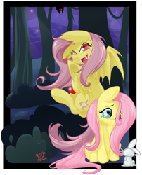 Size: 1016x1259 | Tagged: safe, artist:pomnoi, imported from derpibooru, angel bunny, fluttershy, apple, duality, flutterbat