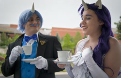 Size: 1154x744 | Tagged: safe, artist:neko-no-danna, artist:thelordcommander, imported from derpibooru, fancypants, rarity, human, colossalcon, cosplay, irl, irl human, photo, tea