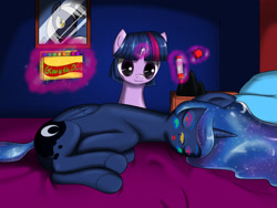 Size: 1600x1200 | Tagged: safe, artist:skecchiart, imported from derpibooru, princess luna, twilight sparkle, bed, face doodle, markers, sleeping, underhoof