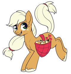 Size: 449x468 | Tagged: source needed, safe, artist:lulubell, imported from derpibooru, applejack, applebucking, bucking, cute, female, golden apple, grin, hatless, limited palette, looking at you, looking back, missing accessory, raised tail, simple background, smiling, solo, transparent background, vector