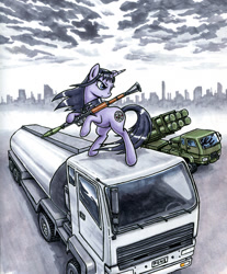 Size: 636x768 | Tagged: safe, artist:choedan-kal, imported from derpibooru, oc, pony, homura akemi, magical girl, ponified, puella magi madoka magica, rocket launcher, rpg-7, solo, traditional art, truck, weapon