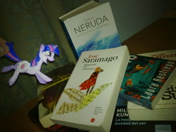 Size: 2048x1536 | Tagged: safe, artist:himekoyagami, imported from derpibooru, twilight sparkle, book, book denial, happy, paper child, photo, that pony sure does love books, traditional art