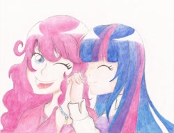 Size: 2184x1679 | Tagged: safe, artist:himekoyagami, imported from derpibooru, pinkie pie, twilight sparkle, human, humanized, traditional art