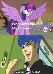 Size: 427x601 | Tagged: artist needed, safe, edit, edited screencap, imported from derpibooru, screencap, flash sentry, twilight sparkle, alicorn, pony, equestria girls, twilight's kingdom, dio brando, exploitable meme, female, flash sentry savior of the universe, golden oaks library, hub logo, it was me dio, jojo's bizarre adventure, mare, meme, parody, twilight sparkle (alicorn), who destroyed twilight's home