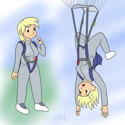 Size: 1000x1000 | Tagged: safe, artist:phallen1, imported from derpibooru, derpy hooves, human, air ponyville, clothes, falling, humanized, jumpsuit, parachute, skydiving, upside down