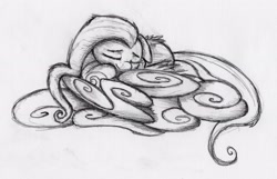 Size: 3280x2118 | Tagged: safe, artist:otto720, imported from derpibooru, fluttershy, cloud, female, monochrome, sleeping, solo, traditional art