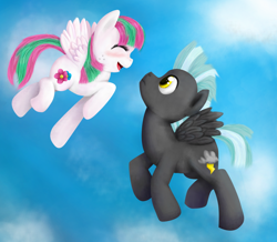 Size: 1024x891 | Tagged: safe, artist:lolly-pop-girl732, imported from derpibooru, blossomforth, thunderlane, pegasus, pony, blossomlane, blushing, cloud, female, flying, male, mare, shipping, sky, stallion, straight