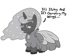 Size: 900x693 | Tagged: safe, artist:midnight-wizard, imported from derpibooru, nightmare moon, clothes, cute, dress, female, filly, frown, monochrome, nightmare woon, open mouth, sad, solo, uncomfortable