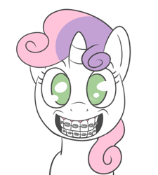 Size: 900x1000 | Tagged: safe, artist:midnight-wizard, imported from derpibooru, sweetie belle, braces, female, grin, looking at you, portrait, smiling, solo