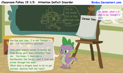 Size: 2500x1486 | Tagged: safe, artist:birdco, imported from derpibooru, spike, ace ventura, arrow in the knee, arrow in the knee (meme), classroom follies, meme