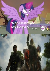 Size: 427x600 | Tagged: safe, edit, edited screencap, imported from derpibooru, screencap, twilight sparkle, alicorn, human, pony, twilight's kingdom, destruction, exploitable meme, explosion, female, hub logo, just cause, just cause 2, male, mare, meme, rico rodriguez, twilight sparkle (alicorn), vandalism, who destroyed twilight's home