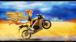 Size: 5000x2812 | Tagged: safe, artist:shaadorian, imported from derpibooru, spitfire, female, motorcycle, solo, spread wings, vehicle