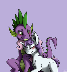 Size: 1024x1099 | Tagged: safe, artist:whitepone, imported from derpibooru, spike, sweetie belle, :t, blushing, cuddling, cute, eyes closed, fangs, female, hug, male, shipping, smiling, snuggling, spikebelle, straight