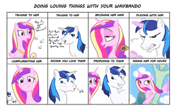 Size: 2080x1300 | Tagged: safe, artist:varemia, imported from derpibooru, princess cadance, shining armor, oc, oc:anon, alicorn, human, pony, unicorn, ahegao, bedroom eyes, blushing, brush, brushie, comic, controller, doing loving things, drool, female, flying, frown, glare, grin, gritted teeth, implied bisexual, looking at you, love, magic, male, mare, meme, open mouth, polyamory, polygamy, riding, smiling, stallion, telekinesis, waifbando, wide eyes