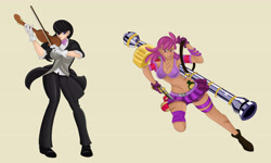 Size: 4500x2701 | Tagged: safe, artist:sonson-sensei, imported from derpibooru, berry punch, berryshine, octavia melody, human, action pose, belly button, gun, humanized, midriff, one piece