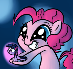 Size: 628x600 | Tagged: safe, artist:rustydooks, artist:tess, imported from derpibooru, pinkie pie, twilight sparkle, floppy ears, frown, grin, micro, sitting, smiling, squee, take this, tiny ponies, wide eyes