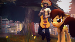 Size: 1920x1080 | Tagged: safe, artist:sourcerabbit, imported from derpibooru, oc, oc:maría teresa de los ponyos paguetti, 3d, city, crossover, ellis, guitar, left 4 dead, left 4 dead 2, sombrero, source filmmaker, tree