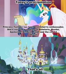 Size: 1021x1149 | Tagged: safe, imported from derpibooru, princess celestia, celestia's proclamation, dc comics, demon souls, detroit, dune, lord of the rings, lovecraft, meme, misspelling, mordor, trollestia