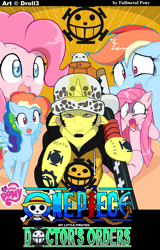 Size: 806x1260 | Tagged: safe, artist:droll3, imported from derpibooru, pinkie pie, rainbow dash, bepo, crossover, fanfic art, hilarious in hindsight, one piece, pinkamena diane pie, ponified, rainbow pie, role reversal, trafalgar d. water law