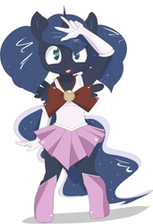 Size: 2047x3000 | Tagged: safe, artist:kryptchild, imported from derpibooru, princess luna, anthro, armpits, chibi, crossover, cute, female, sailor moon, solo