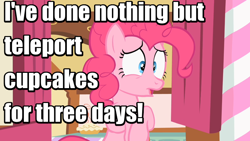 Size: 640x360 | Tagged: safe, edit, edited screencap, imported from derpibooru, screencap, pinkie pie, the cutie pox, confession, cupcake, expiration date, female, image macro, love & war update, meme, reference, soldier, solo, sugarcube corner, team fortress 2