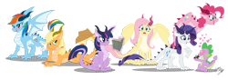 Size: 2009x708 | Tagged: source needed, safe, artist:blood-asp0123, imported from derpibooru, applejack, fluttershy, pinkie pie, rainbow dash, rarity, spike, twilight sparkle, dragon, applejack's hat, cowboy hat, dragoness, dragonified, dragonjack, engagement ring, female, flutterdragon, hat, heart, heart eyes, male, mane seven, mane six, marriage proposal, pinkiedragon, rainbow dragon, raridragon, shipping, sparity, species swap, straight, transformation, twilidragon, wingding eyes