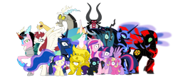 Size: 1600x700 | Tagged: safe, imported from derpibooru, alula, discord, lord tirek, nightmare moon, pluto, princess cadance, princess celestia, princess erroria, princess luna, princess skyla, queen chrysalis, twilight sparkle, oc, oc:fausticorn, oc:niggertron, oc:nyx, oc:tiara ultima, oc:ticket, alicorn, pony, 4chan, alicorn oc, meme, red and black oc, simple background, tiara ultima, transparent background, twilight sparkle (alicorn)