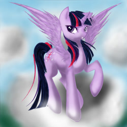 Size: 820x820 | Tagged: safe, artist:not-genehack, deleted from derpibooru, imported from derpibooru, twilight sparkle, alicorn, pony, cloud, cloudy, female, mare, sky, solo, spread wings, twilight sparkle (alicorn), wings