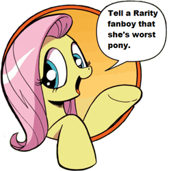 Size: 425x431 | Tagged: safe, imported from derpibooru, fluttershy, bad advice fluttershy, brony, exploitable meme, fanboy, female, implied rarity, meme, op is a duck, solo, this will end in death, troll