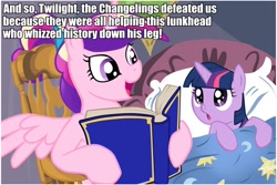 Size: 960x640 | Tagged: safe, artist:zetared, imported from derpibooru, princess cadance, twilight sparkle, alicorn, pony, unicorn, bedtime story, book, cadance's bedtime stories, duo, exploitable meme, looking up, meme, mystery science theater 3000, time chasers, younger