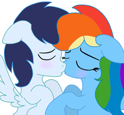 Size: 929x860 | Tagged: safe, artist:gizemyorganci, imported from derpibooru, rainbow dash, soarin', alternate hairstyle, blushing, eyes closed, female, floppy ears, imminent kissing, male, shipping, soarindash, spread wings, straight, wingboner