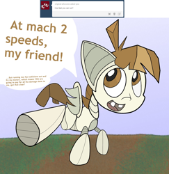 Size: 1280x1316 | Tagged: safe, artist:fillerartist, imported from derpibooru, featherweight, robot, ask, featherbot, featherbot answers, fine print, male, raised leg, roboticization, running, solo, speed, tumblr