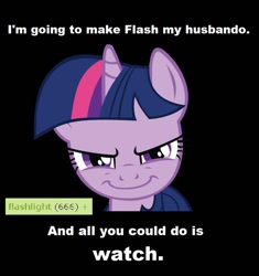 Size: 714x758 | Tagged: safe, imported from derpibooru, flash sentry, twilight sparkle, derpimilestone, evil, exploitable meme, female, flashlight, grin, male, meme, shipping, solo, straight, tags