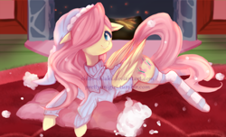 Size: 1000x607 | Tagged: safe, artist:chokico, imported from derpibooru, fluttershy, bottomless, clothes, cottagecore, cute, female, fireplace, floppy ears, hair over one eye, hat, lying, nightcap, obtrusive watermark, partial nudity, pillow, shyabetes, smiling, socks, solo, striped socks, sweater, sweatershy, watermark