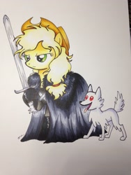 Size: 2448x3264 | Tagged: safe, artist:catscratchpaper, imported from derpibooru, applejack, winona, dire wolf, werewolf, filly, game of thrones, ghost (got), jon snow, traditional art