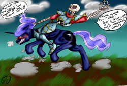 Size: 1024x702 | Tagged: safe, artist:kota-king-1, imported from derpibooru, princess luna, medievil, riding, sir daniel fortesque, skeleton