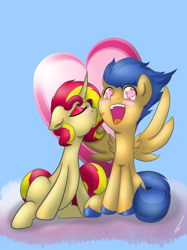 Size: 1280x1707 | Tagged: safe, artist:alazak, imported from derpibooru, flash sentry, sunset shimmer, pegasus, pony, unicorn, cute, eyes closed, female, flashimmer, heart, kiss mark, kissing, male, mare, open mouth, shipping, stallion