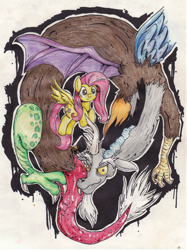 Size: 1784x2384 | Tagged: safe, artist:ilacavgbmjc, imported from derpibooru, discord, fluttershy, discoshy, female, male, shipping, straight, traditional art