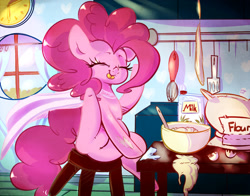 Size: 2049x1605 | Tagged: safe, artist:carligercarl, imported from derpibooru, pinkie pie, earth pony, pony, apron, baking, bowl, cape, chubby, clock, clothes, cute, diapinkes, eyes closed, female, flour, kitchen, mare, milk, mixing bowl, solo, spatula, stool, tongue out, window