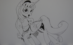 Size: 1280x788 | Tagged: safe, artist:cs, idw, imported from derpibooru, princess luna, alicorn, lunadoodle, reflections, spoiler:comic, alternate hairstyle, artemis luna, clothes, female, looking at you, mare, mirror universe, monochrome, open mouth, solo, traditional art