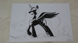 Size: 1280x719 | Tagged: safe, artist:cs, imported from derpibooru, nightmare moon, female, monochrome, solo, traditional art