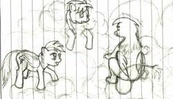 Size: 1506x866 | Tagged: safe, artist:ponescribbles, imported from derpibooru, cloudchaser, gilda, rainbow dash, griffon, chickub, cloud, cloudy, filly, lined paper, monochrome, raised leg, traditional art, younger