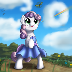 Size: 1100x1100 | Tagged: safe, artist:jinyaranda, imported from derpibooru, rainbow dash, sweetie belle, pony, :o, bipedal, clothes, cloud, cloudy, dress, eyes on the prize, looking up, watching